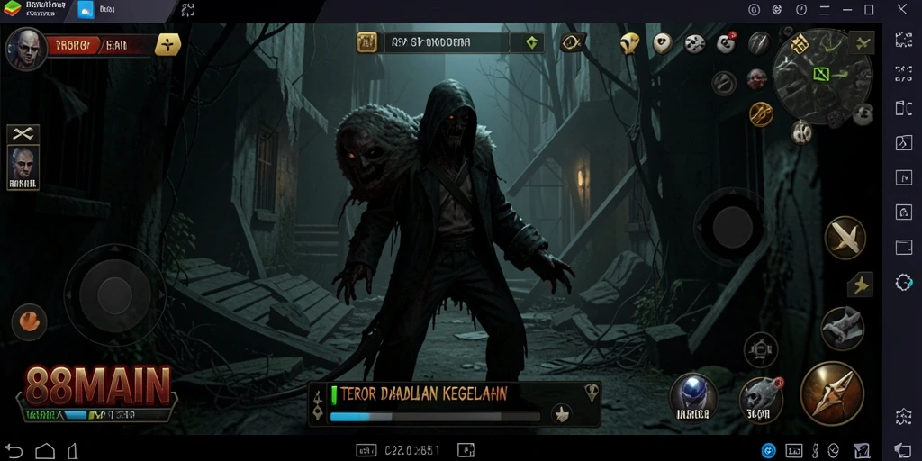 Screenshot dari gameplay menakutkan 88MAIN dengan suasana gelap yang mencekam.