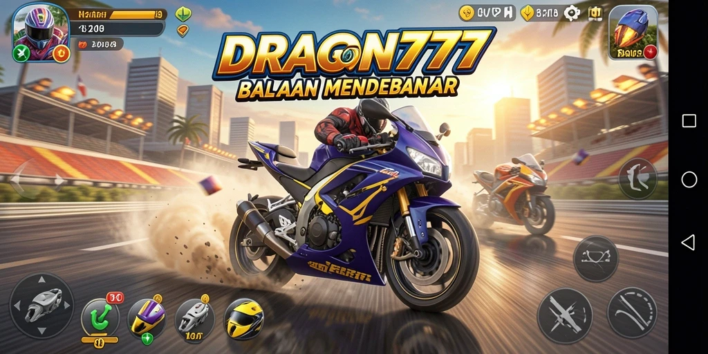 Screenshot gameplay DRAGON777 menampilkan aksi balapan motor yang seru.