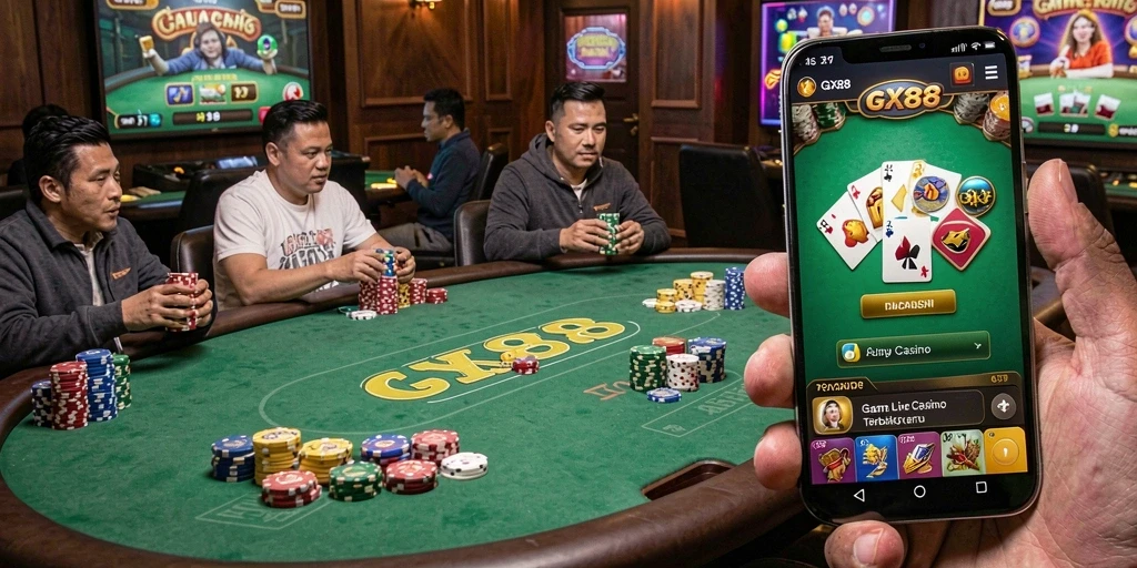 Screenshot gameplay GX88 menampilkan dealer live dan suasana kasino yang seru.