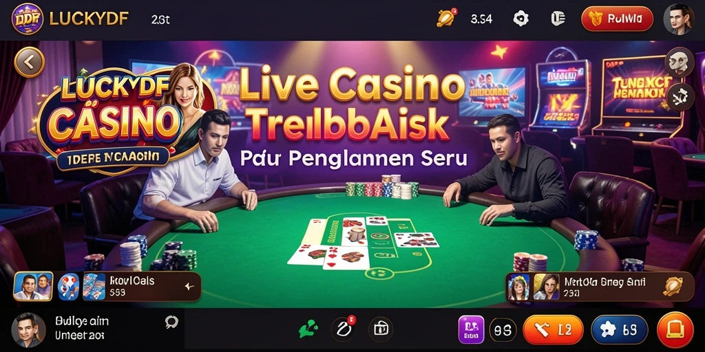 Tampilan gameplay Live Casino LUCKYDF dengan dealer dan pemain berinteraksi.
