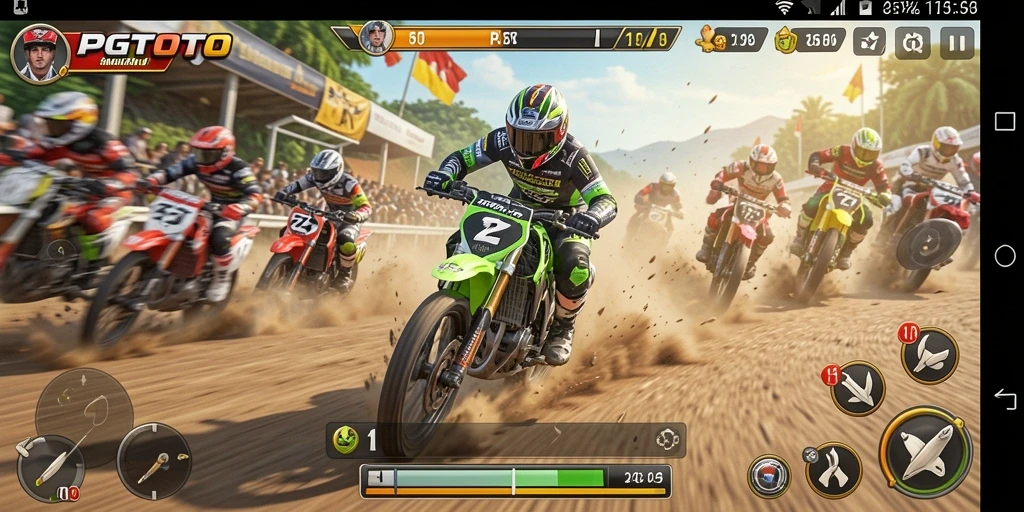 Screenshot utama PGTOTO menampilkan aksi balapan motor yang mendebarkan.