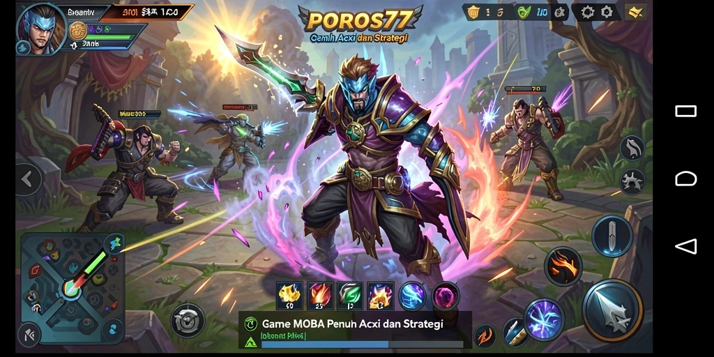 Tampilan seru dari gameplay MOBA di POROS77.