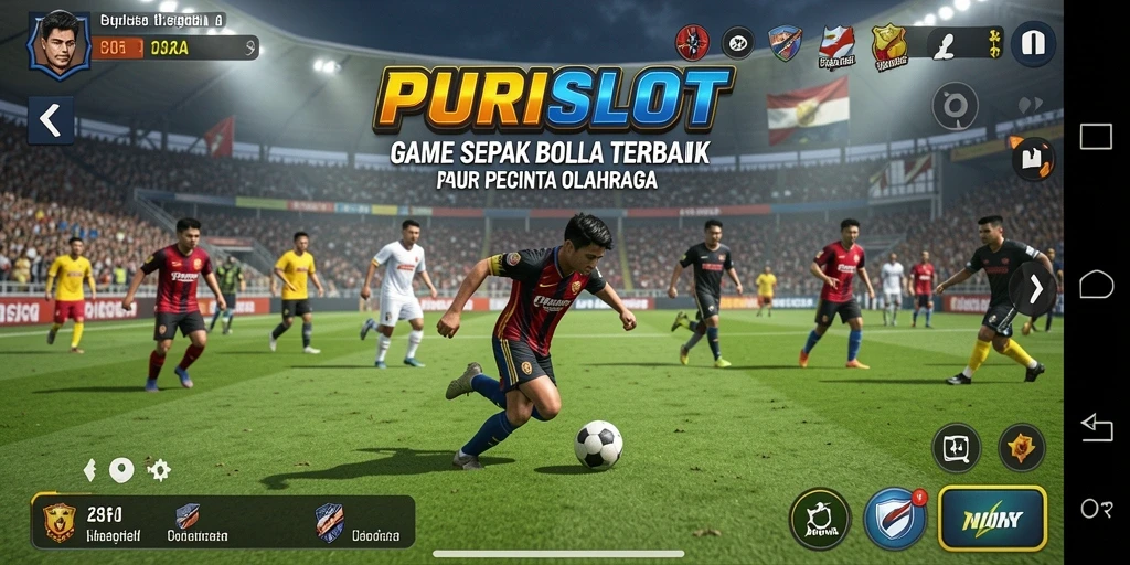 Tampilan gameplay <strong>PURISLOT</strong> menunjukkan pertandingan sepak bola yang seru dan mendebarkan.