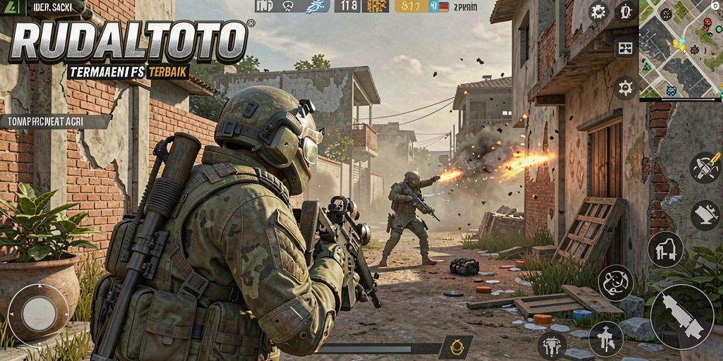 Screenshot game RUDALTOTO menampilkan aksi tembak-menembak yang seru.