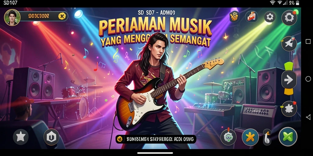 Tampilan gameplay SD107 yang penuh energi dan irama musik.